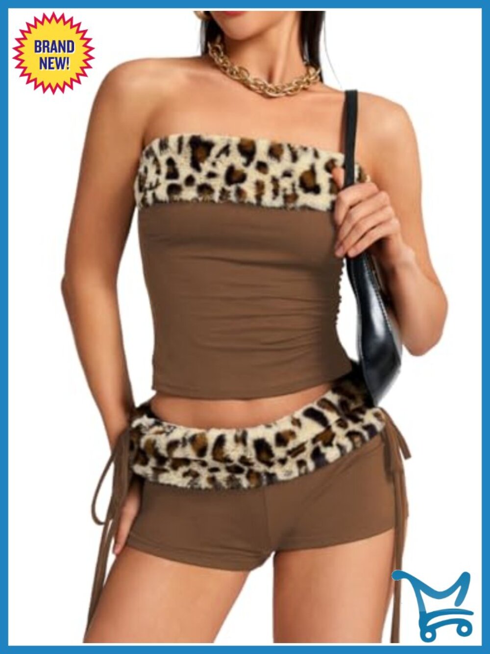 Women's 2 Piece Leopard Print Club Outfit Ruched Tube Top & Low Rise Shorts Set